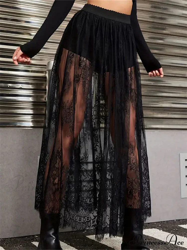 Floral Extended Maxi Skirt Solid Mesh Integrated Shorts Skirt - Image 4