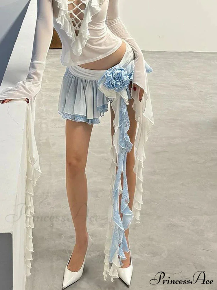 Floral Lace Mini Skirt Uneven Frill Urban Skirt