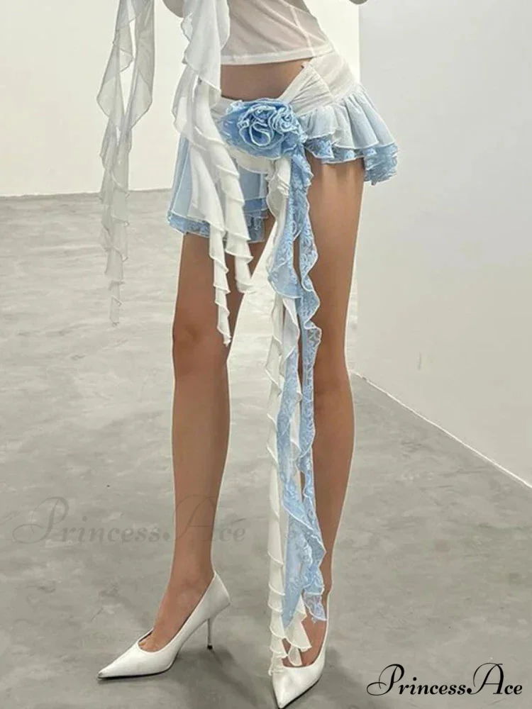 Floral Lace Mini Skirt Uneven Frill Urban Skirt - Image 2