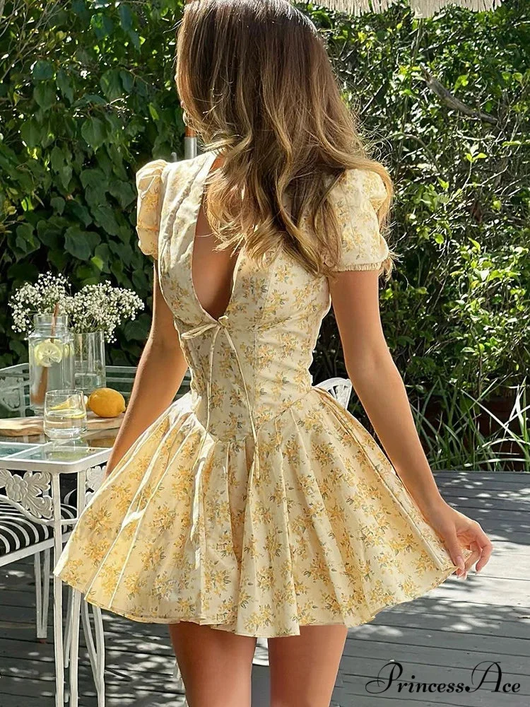 Floral Pattern Plunging Neckline Short Dress - Image 2