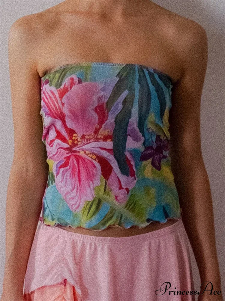 Floral Pattern Sleeveless Open-Back Tube Crop Top - Image 2