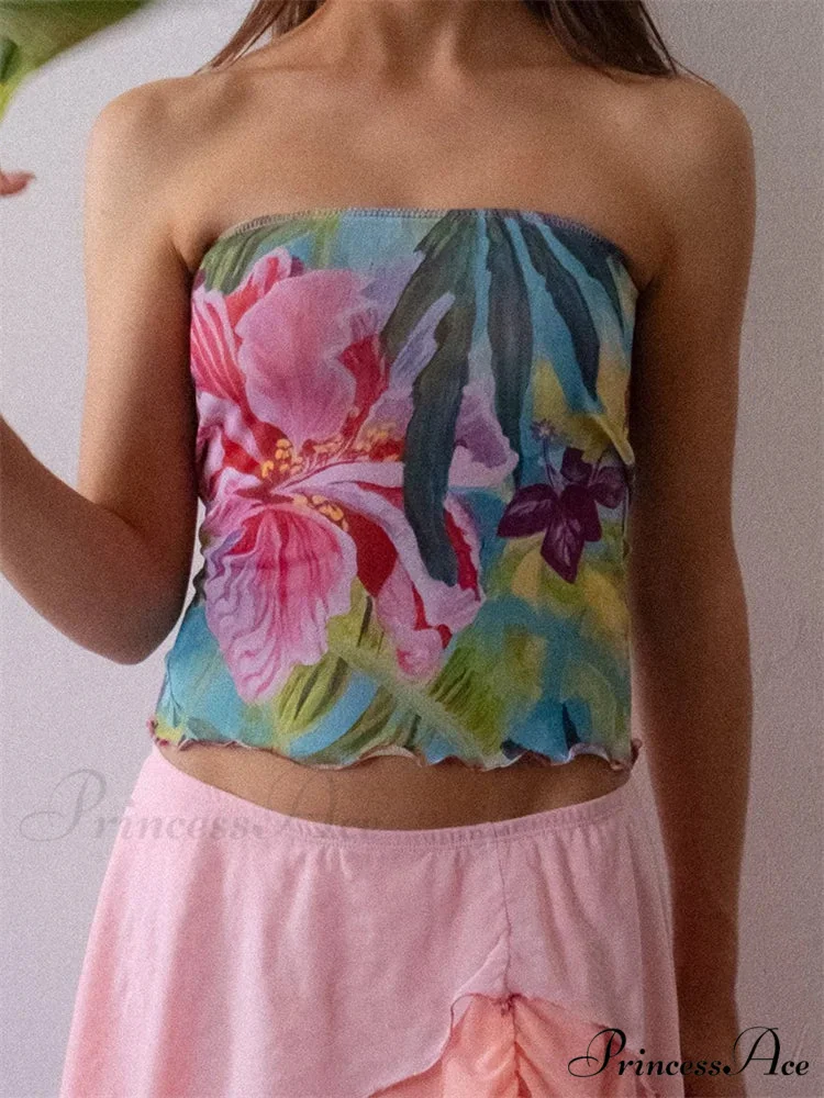 Floral Pattern Sleeveless Open-Back Tube Crop Top - Image 3