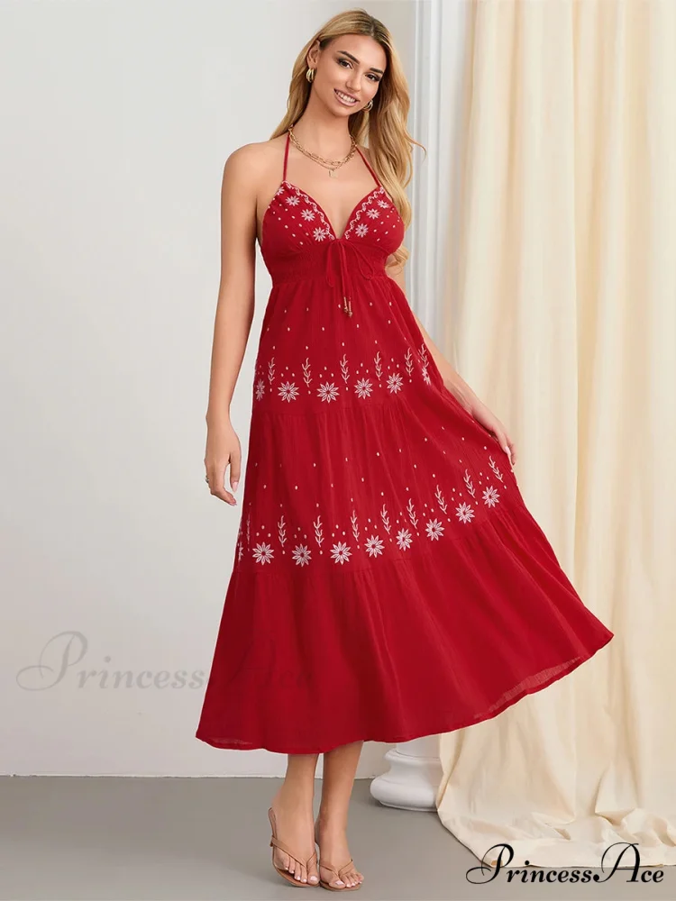Floral Stitched Cinch-Up Halter Bohemian Open-Back A-Line Beach Dress - Image 3