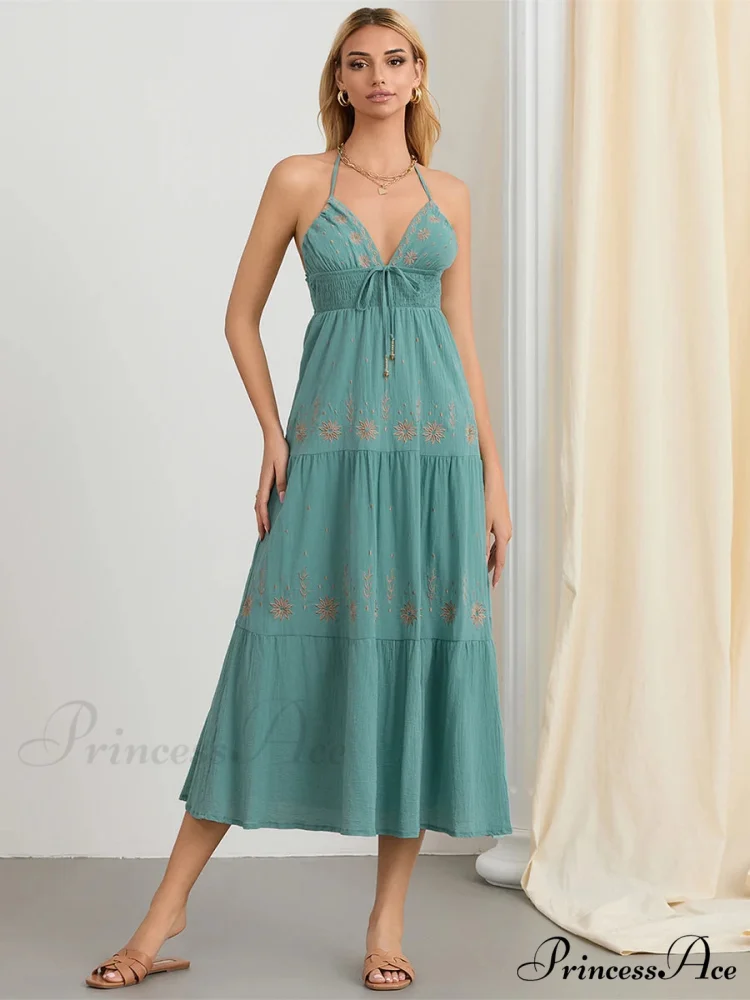 Floral Stitched Cinch-Up Halter Bohemian Open-Back A-Line Beach Dress - Image 6