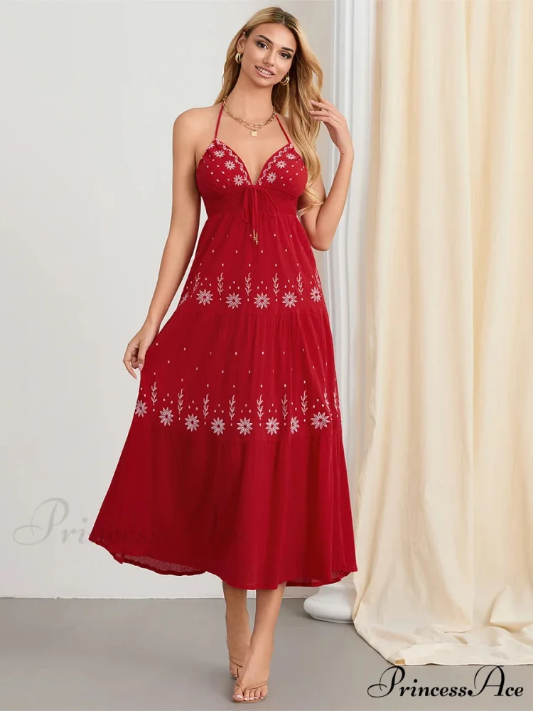 Floral Stitched Cinch-Up Halter Bohemian Open-Back A-Line Beach Dress - Image 8