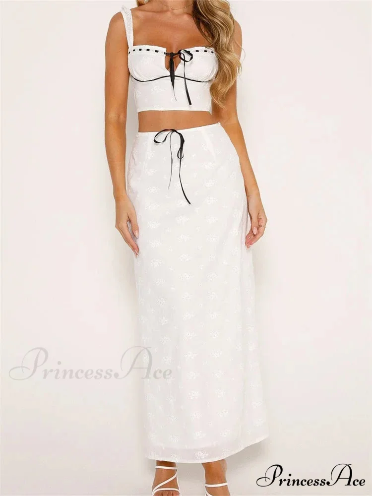 Floral Stitched Sleeveless Midriff Top High Waisted Maxi Skirt - Image 2
