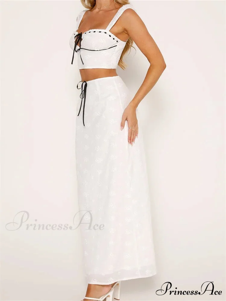 Floral Stitched Sleeveless Midriff Top High Waisted Maxi Skirt - Image 3