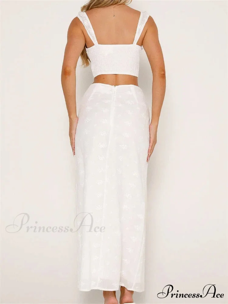 Floral Stitched Sleeveless Midriff Top High Waisted Maxi Skirt - Image 4