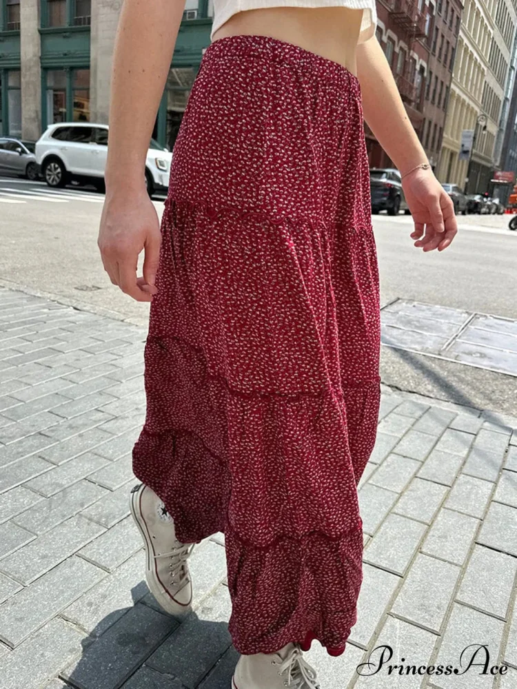 Flounced Blooming Crimson High Waist A-Line Skirt - Image 2