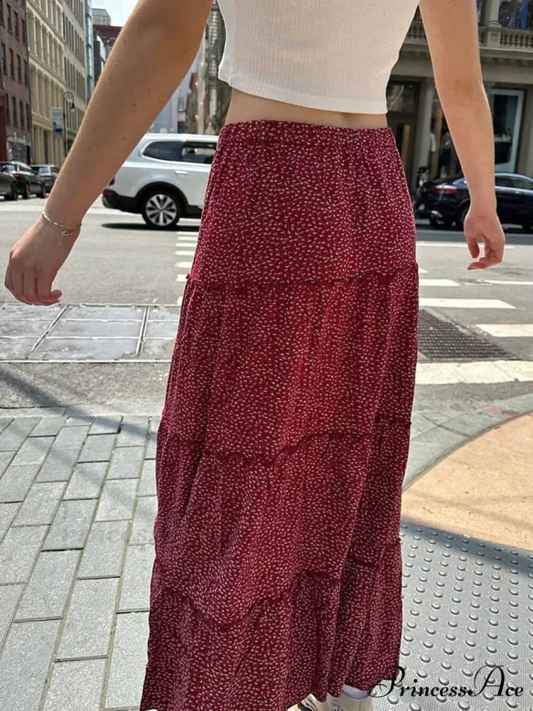 Flounced Blooming Crimson High Waist A-Line Skirt - Image 3