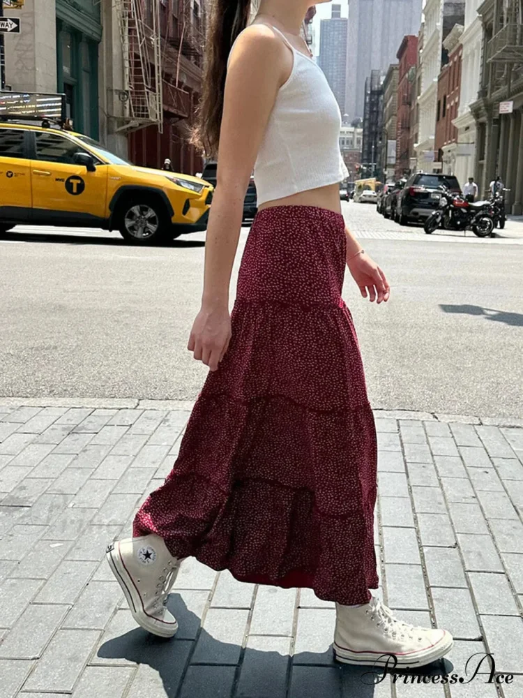 Flounced Blooming Crimson High Waist A-Line Skirt - Image 4