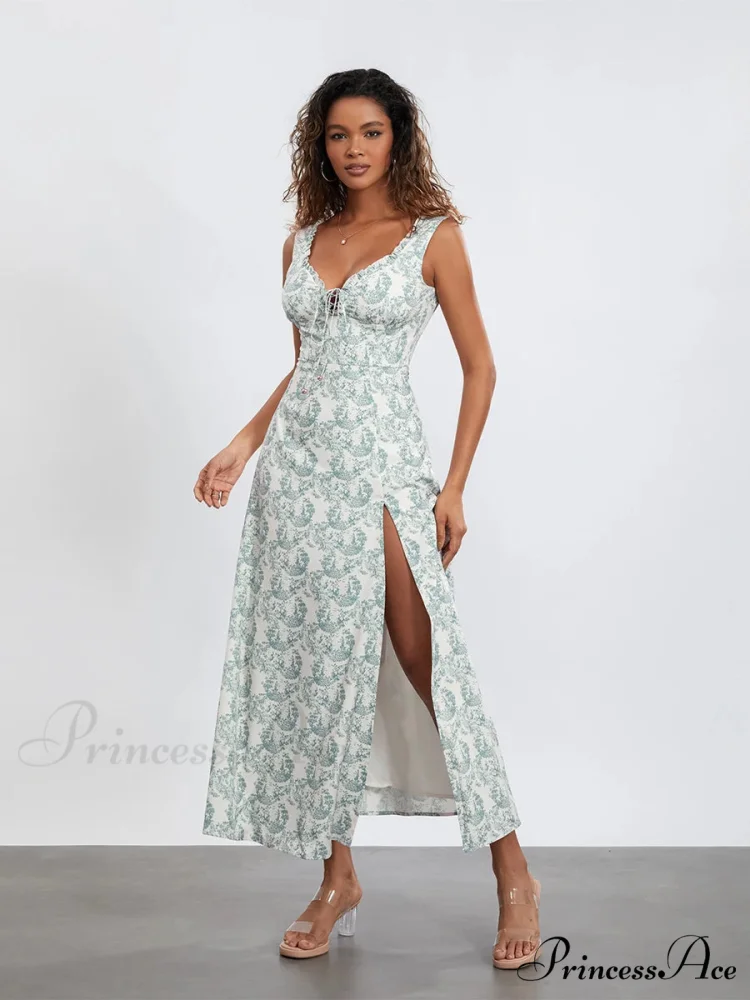 Flower Child Tank Dress Sleeveless Frilled Tie-up Sweetheart Floral Dress - Image 2