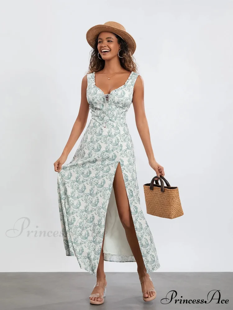 Flower Child Tank Dress Sleeveless Frilled Tie-up Sweetheart Floral Dress - Image 3
