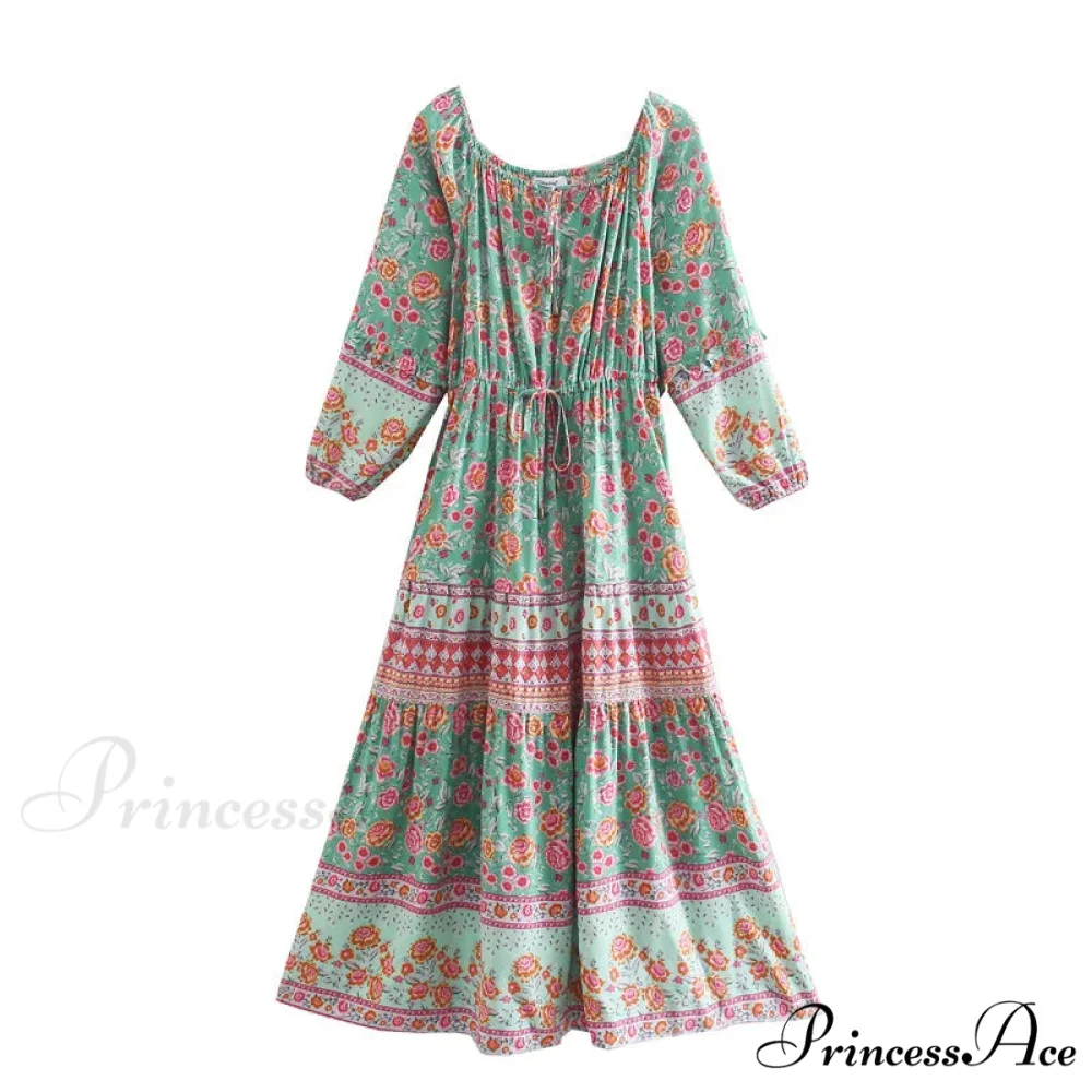 Flower Extended Sleeve Belt Fringe Off Shoulder Bohemian Dress - Image 2