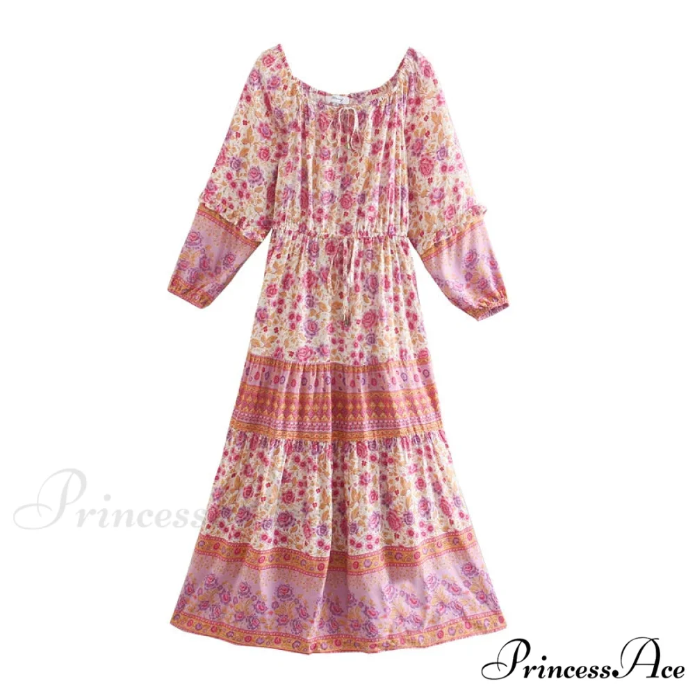 Flower Extended Sleeve Belt Fringe Off Shoulder Bohemian Dress - Image 3