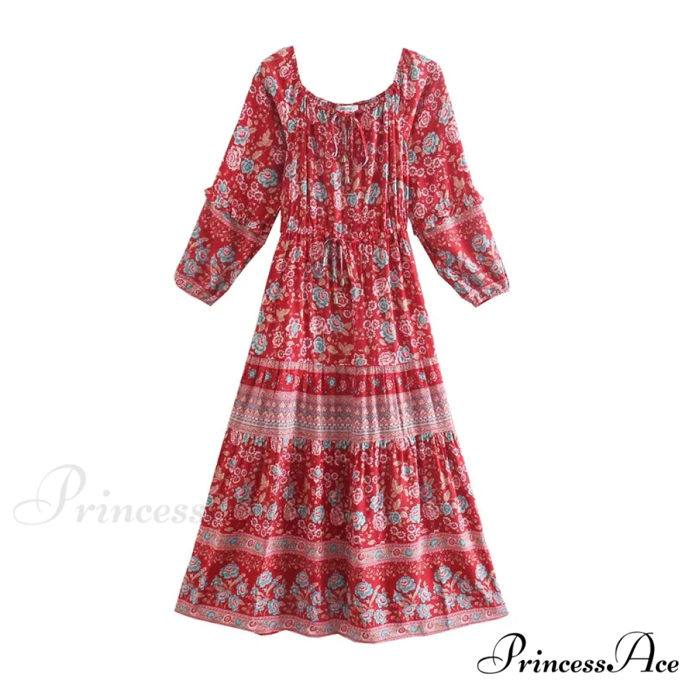 Flower Extended Sleeve Belt Fringe Off Shoulder Bohemian Dress - Image 4