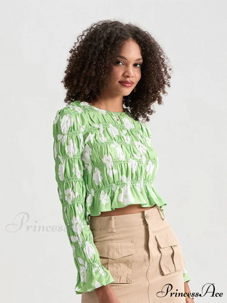 Flower Gathered Boat Neck Long Sleeve Crop T-shirt - Image 2