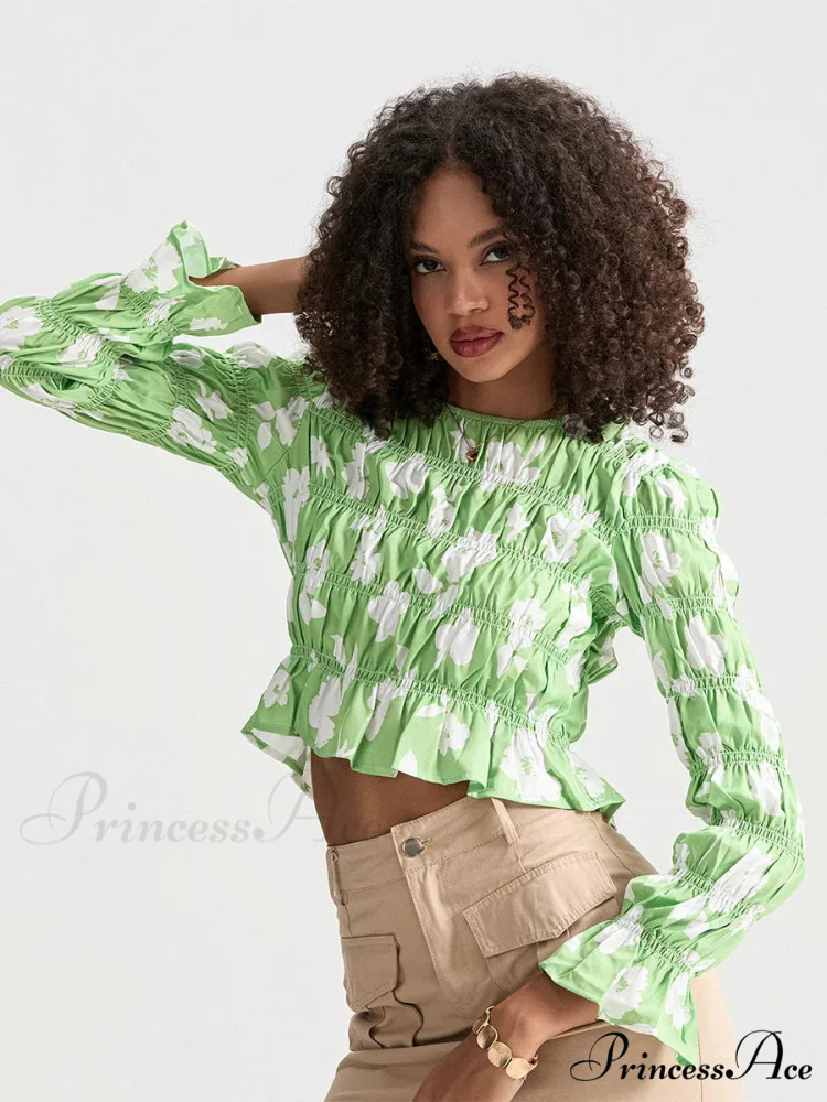 Flower Gathered Boat Neck Long Sleeve Crop T-shirt - Image 3