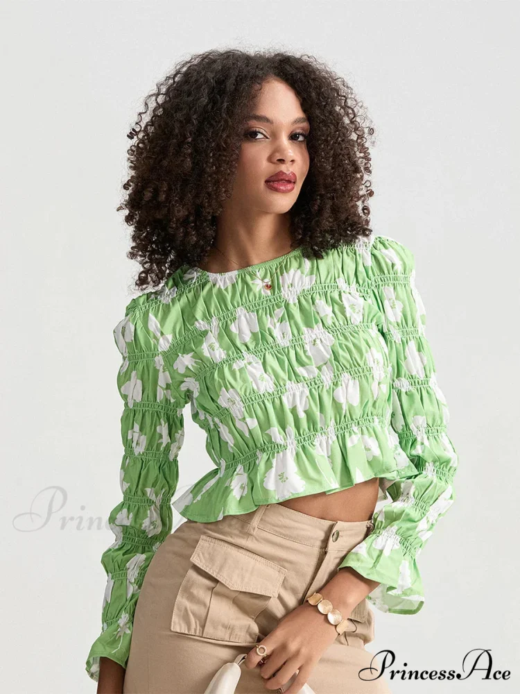 Flower Gathered Boat Neck Long Sleeve Crop T-shirt - Image 4