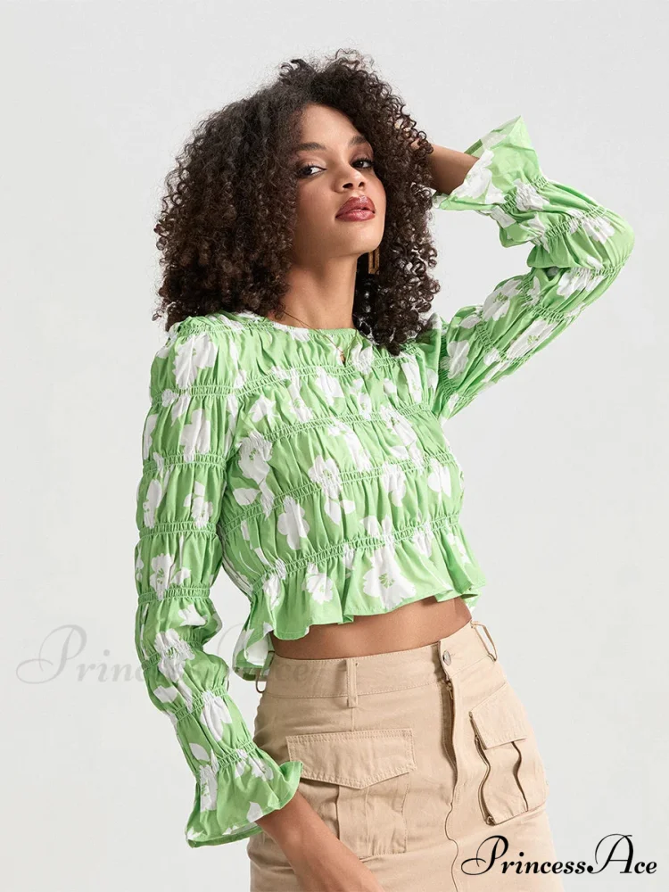 Flower Gathered Boat Neck Long Sleeve Crop T-shirt - Image 5