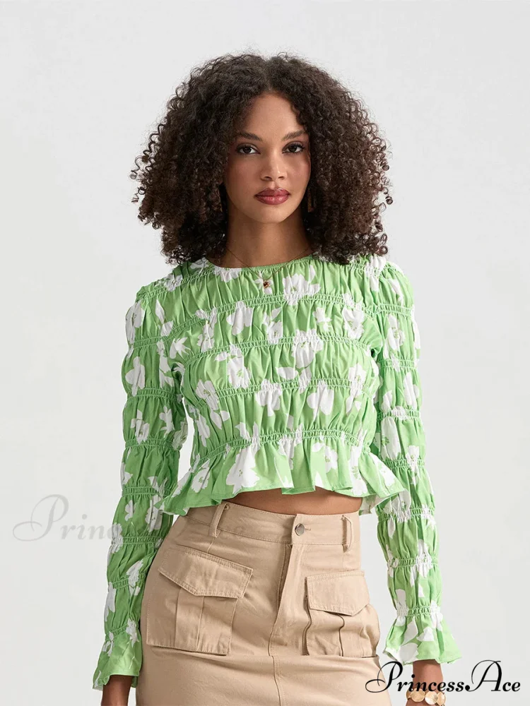 Flower Gathered Boat Neck Long Sleeve Crop T-shirt - Image 6