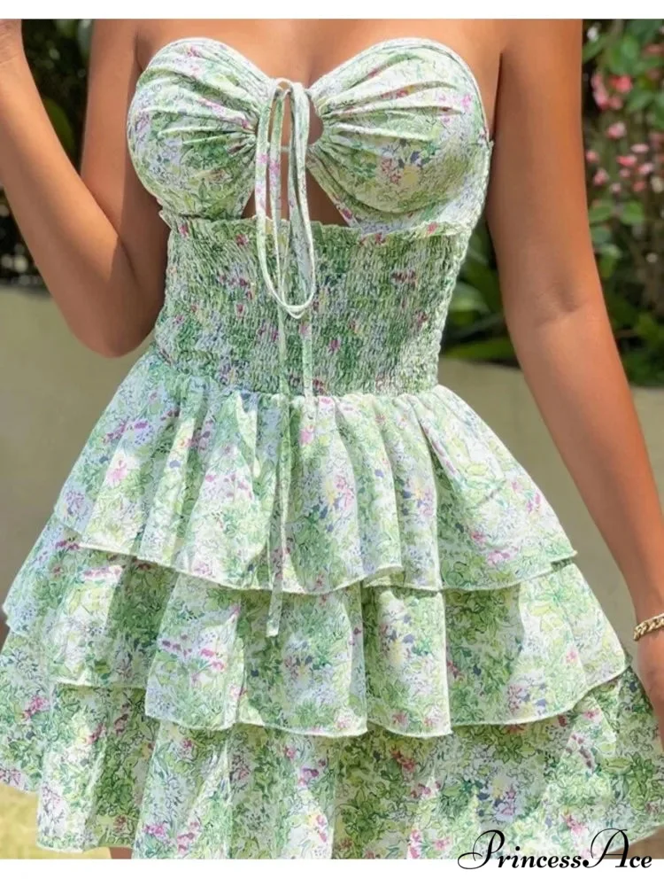 Flower Halter Neck Lace-Up Mini Flower Dress - Image 3