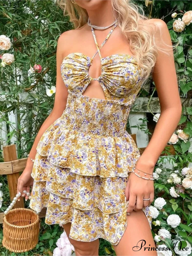Flower Halter Neck Lace-Up Mini Flower Dress - Image 4