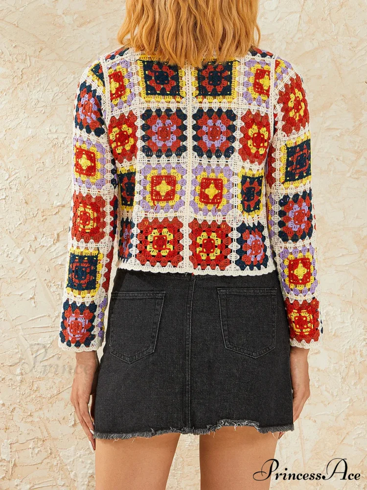 Flower Hollow Out V-Neck Knitted Cardigan - Image 3