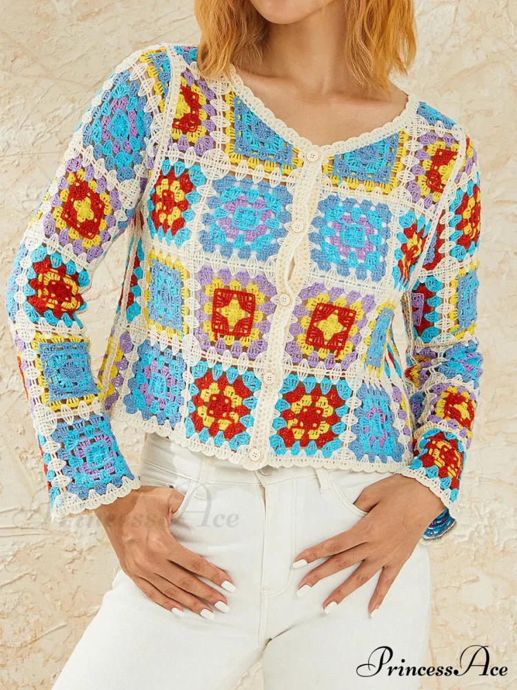 Flower Hollow Out V-Neck Knitted Cardigan - Image 5