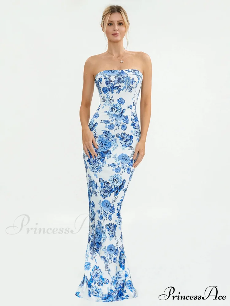 Flower Off-Shoulder Tube Bandeau Slit Bodycon Beach Vacation Flower Dress - Image 2