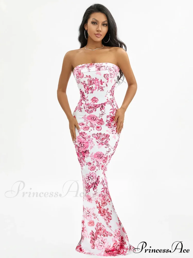 Flower Off-Shoulder Tube Bandeau Slit Bodycon Beach Vacation Flower Dress - Image 3