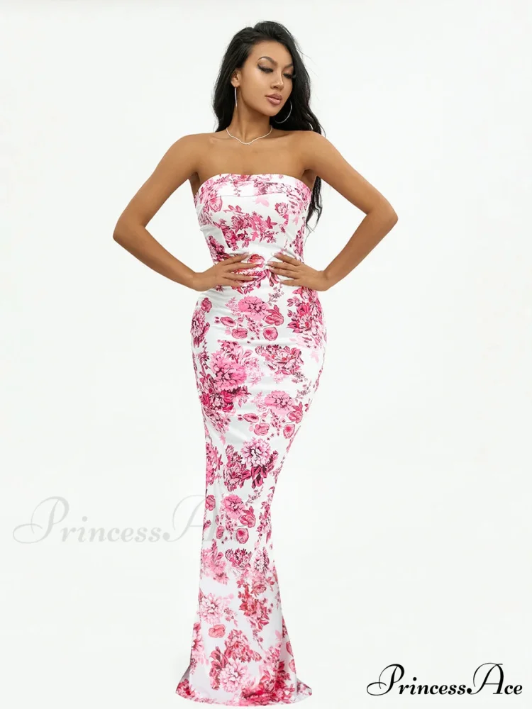 Flower Off-Shoulder Tube Bandeau Slit Bodycon Beach Vacation Flower Dress - Image 4