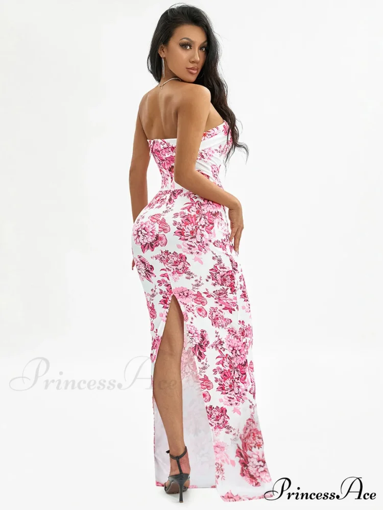 Flower Off-Shoulder Tube Bandeau Slit Bodycon Beach Vacation Flower Dress - Image 5