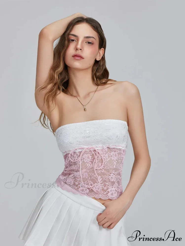 Flower Patchwork Bow Tie Front Off-shoulder Bandeau Top - Image 3