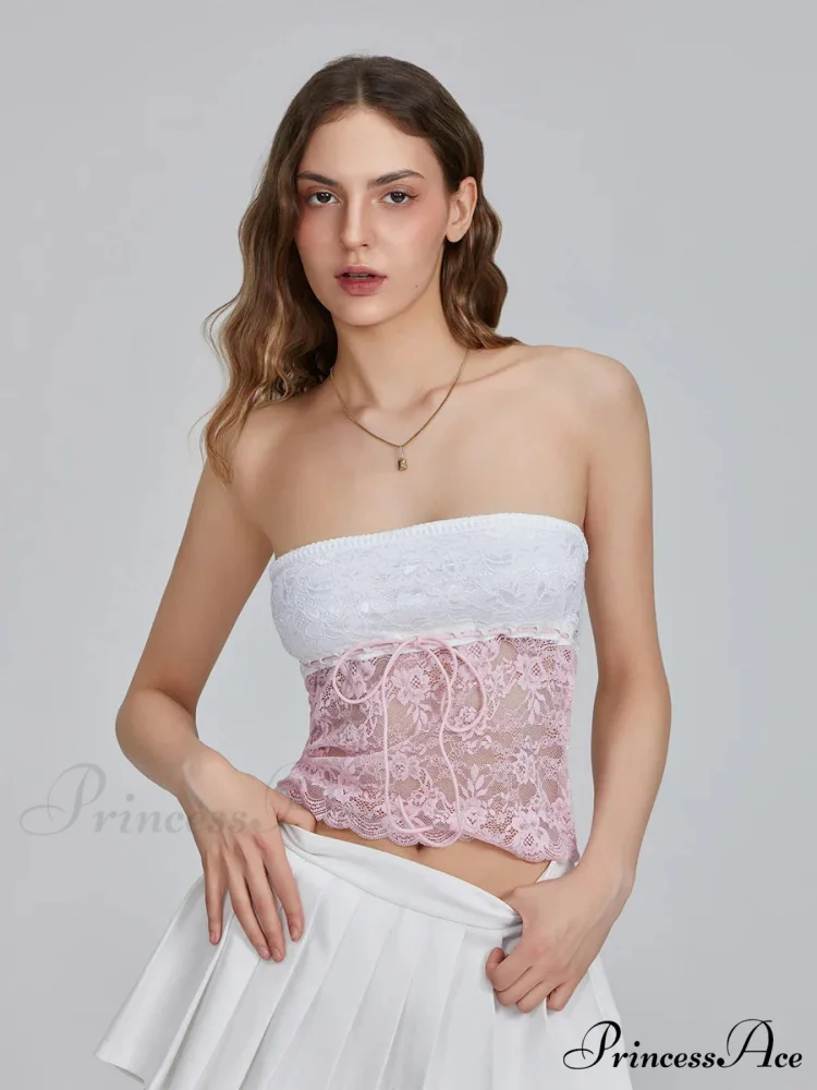 Flower Patchwork Bow Tie Front Off-shoulder Bandeau Top - Image 4