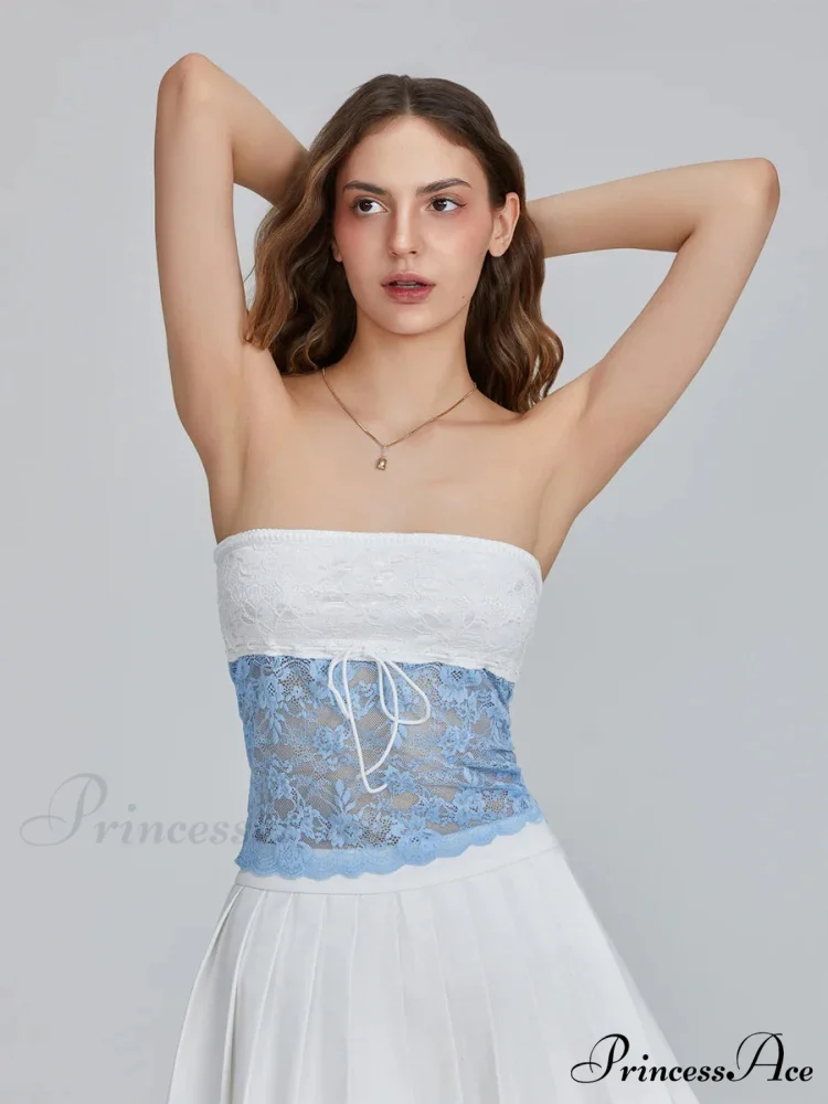 Flower Patchwork Bow Tie Front Off-shoulder Bandeau Top - Image 5
