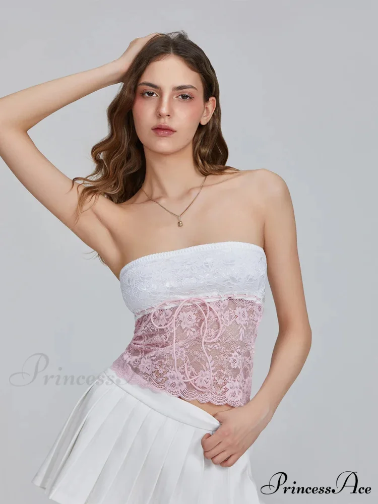 Flower Patchwork Bow Tie Front Off-shoulder Bandeau Top - Image 7