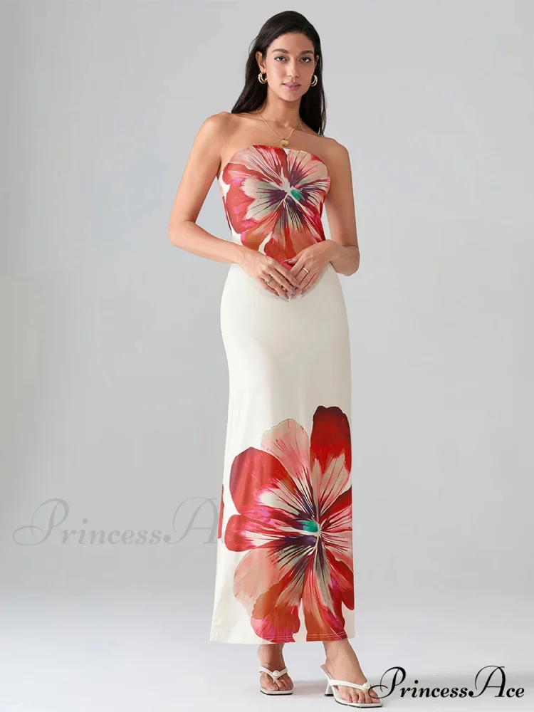 Flower Pattern Bandeau Strapless Wrap Flower Dress - Image 2