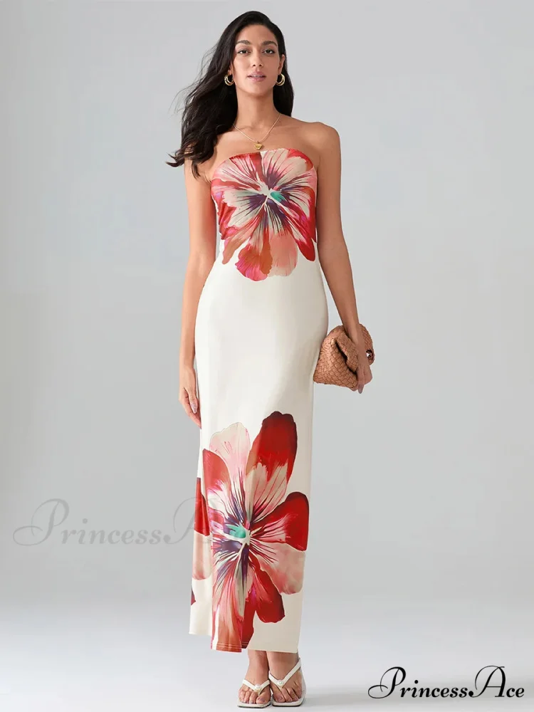 Flower Pattern Bandeau Strapless Wrap Flower Dress - Image 3