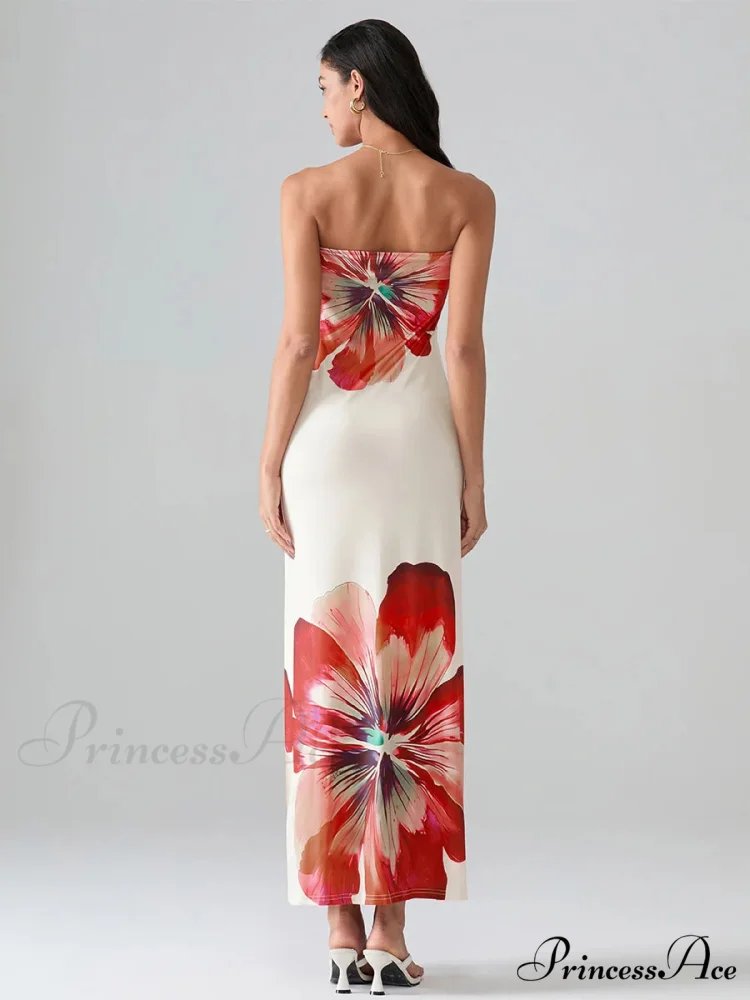 Flower Pattern Bandeau Strapless Wrap Flower Dress - Image 4