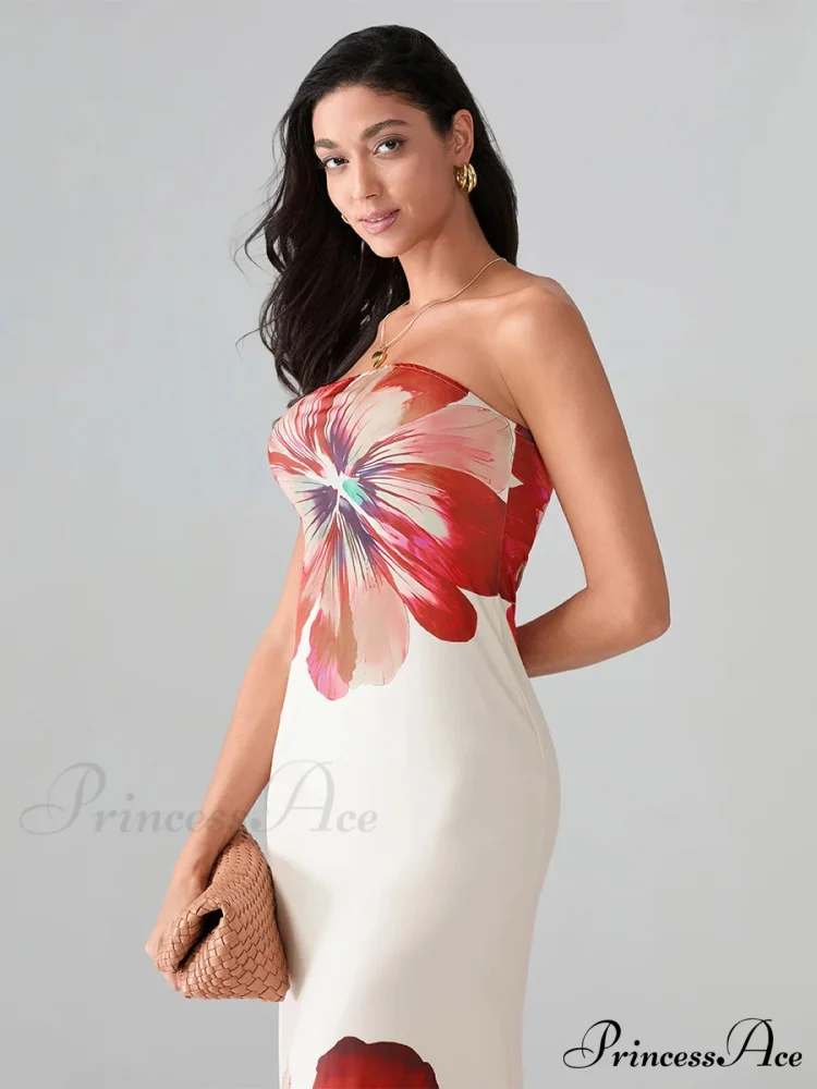 Flower Pattern Bandeau Strapless Wrap Flower Dress - Image 5