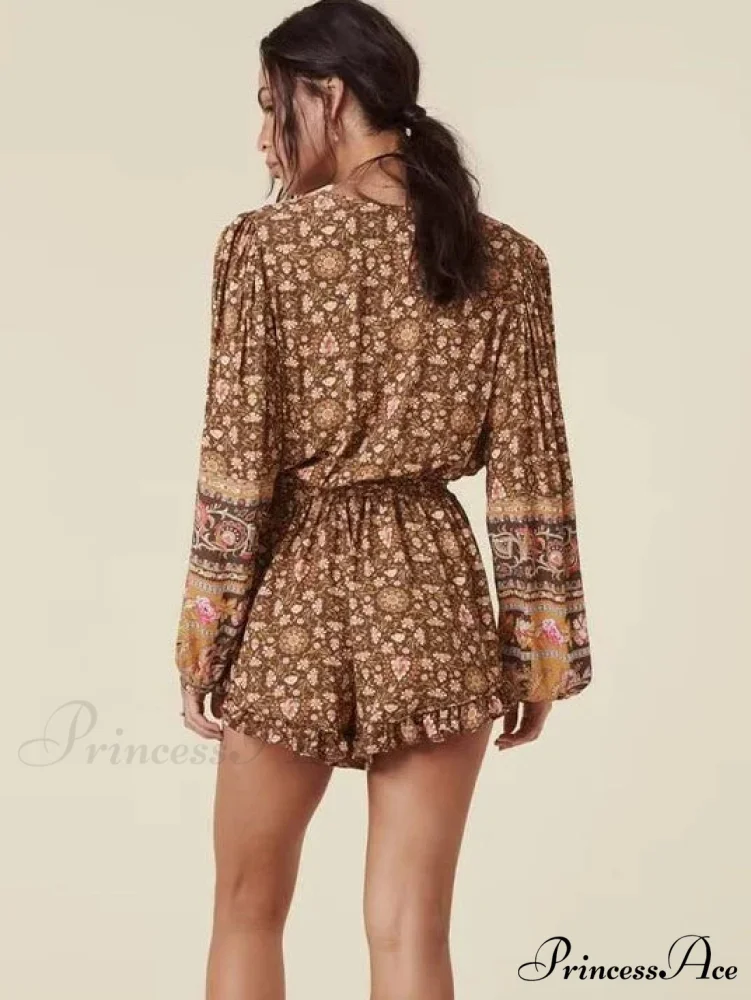 Flower Pattern Bands V-neck Full Sleeve Fringe Rayon Bohemian Jumpsuit - Image 2
