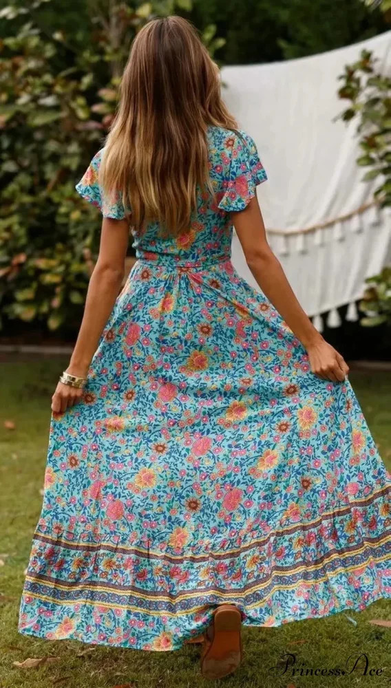 Flower Pattern Bat Sleeve Belts Wrap Long Boho Cover-ups - Image 2
