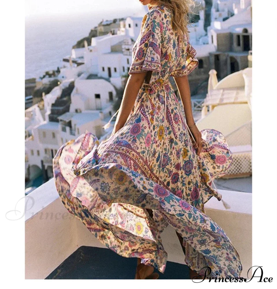 Flower Pattern Bat Sleeve V-neck Fringe Maxi Rayon Boho Dress - Image 2