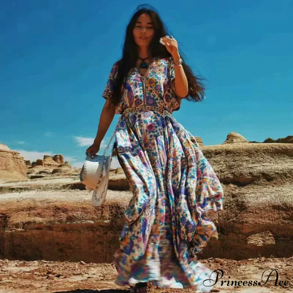 Flower Pattern Bat Sleeve V-neck Fringe Maxi Rayon Boho Dress - Image 3