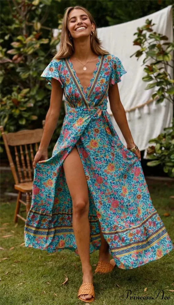 Flower Pattern Bat Sleeve Wrap V-neck Long Boho Dress - Image 3