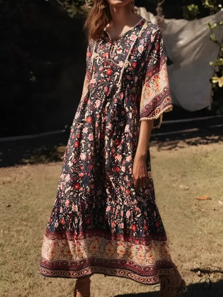 Flower Pattern Batwing Sleeve Fringe Rayon Long Boho Dress - Image 2