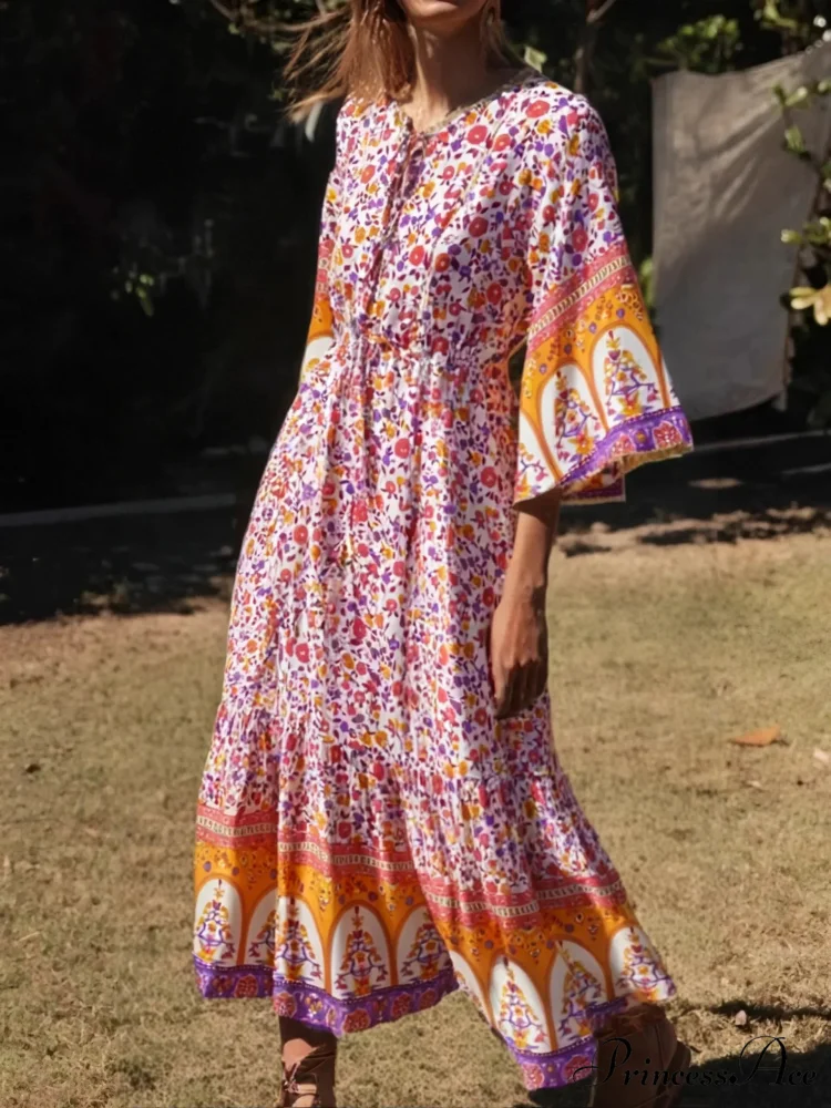 Flower Pattern Batwing Sleeve Fringe Rayon Long Boho Dress - Image 3