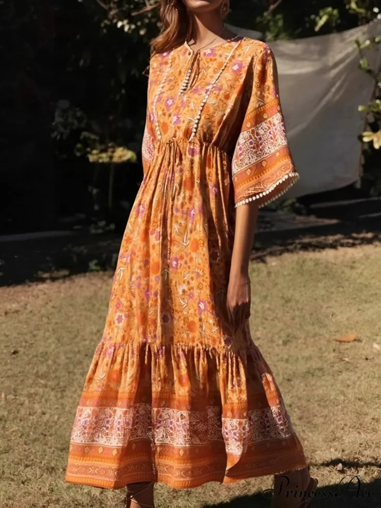 Flower Pattern Batwing Sleeve Fringe Rayon Long Boho Dress - Image 4