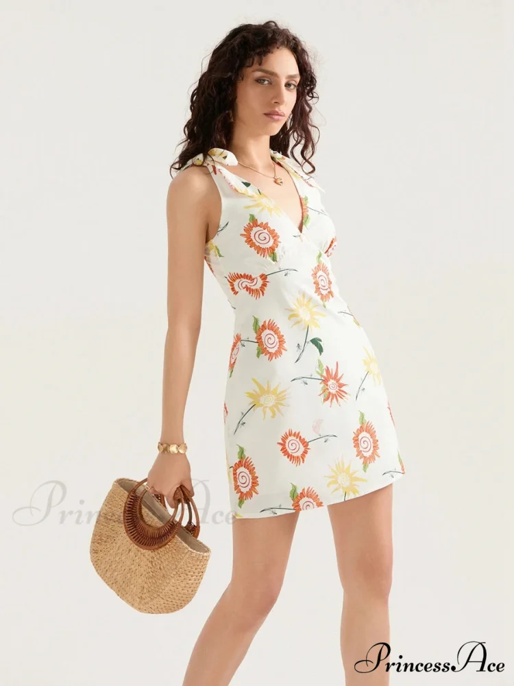 Flower Pattern Bound Shoulder Open Back Sleeveless Mini Holiday Flower Dress - Image 4